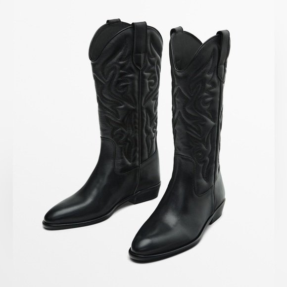 NWT. Massimo Dutti Black Leather Embroidered Cowboy Boots. Size 8. - Picture 2 of 8